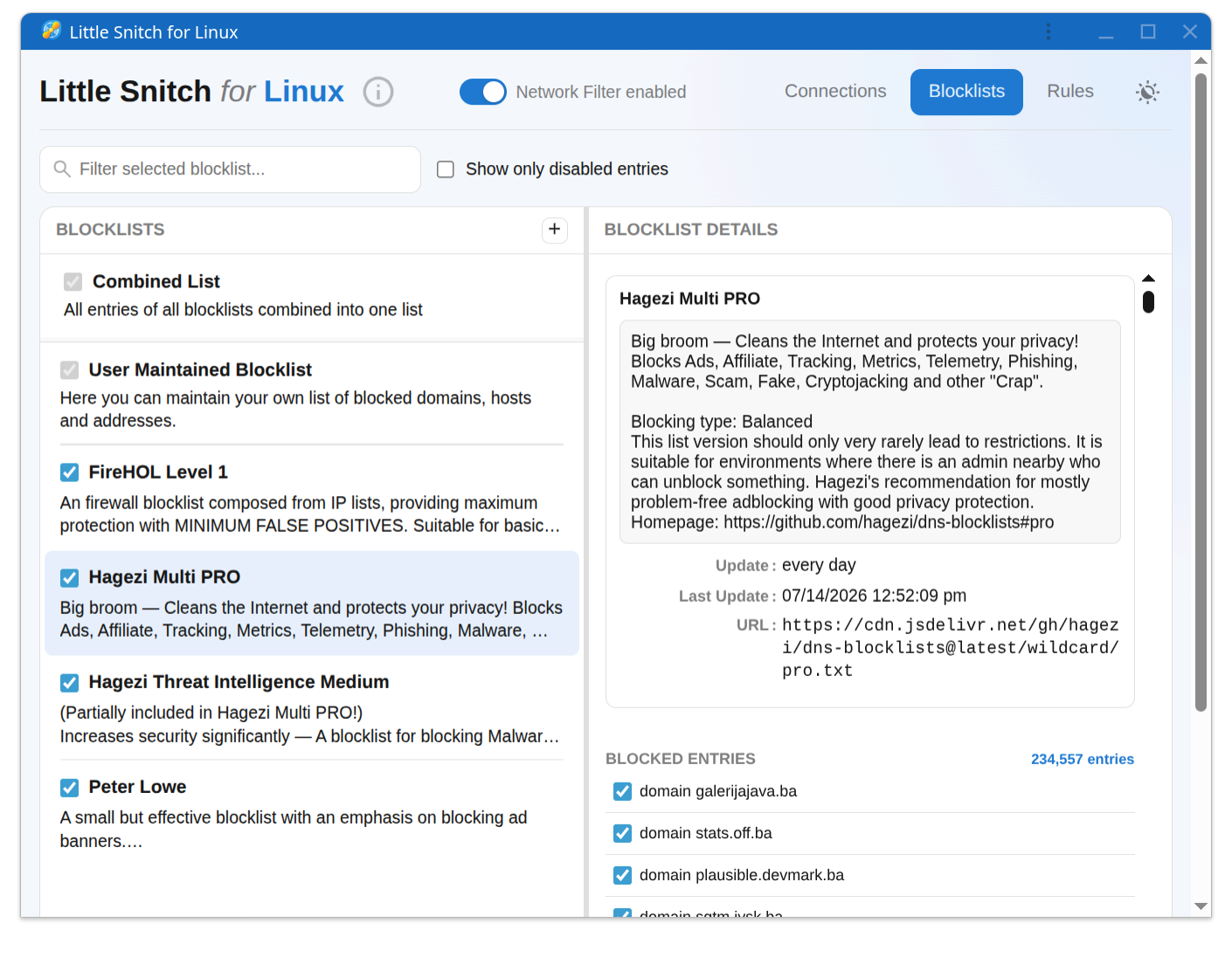 Sperrlisten-Ansicht mit mehreren abonnierten Listen, mit letztem Aktualisierungszeitpunkt und Eintragsanzahl für eine Liste
