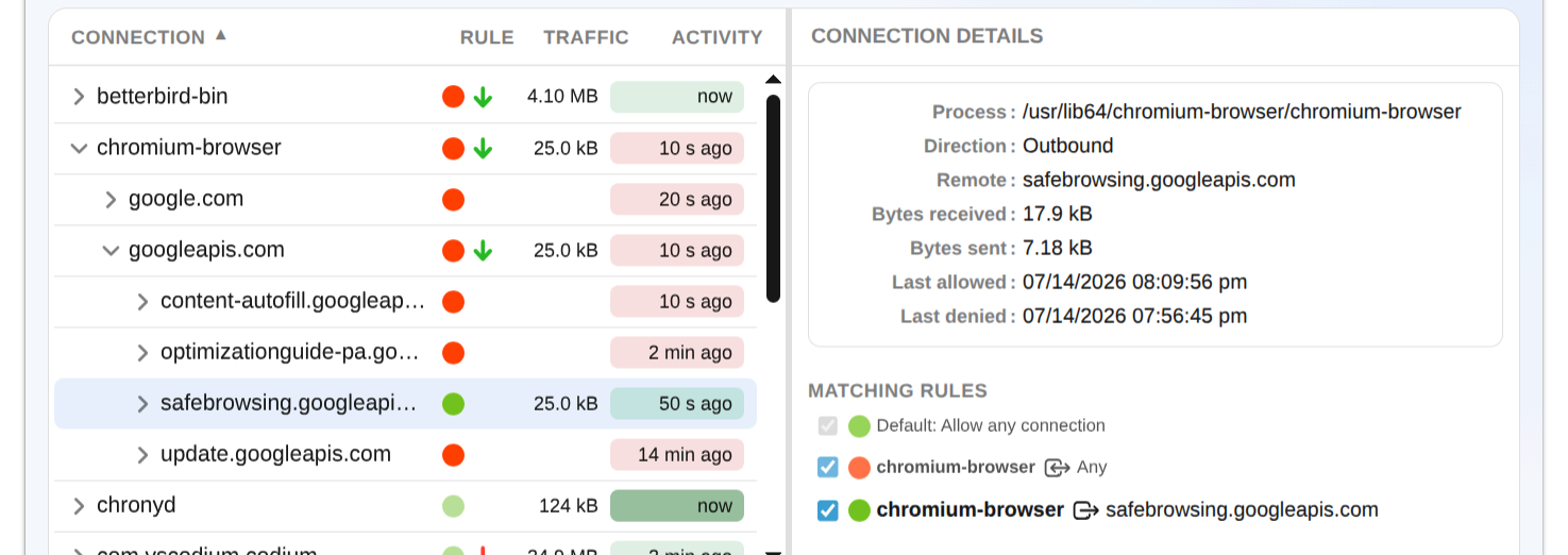 Inspector with Matching Rules for a selected connection, precedence order visible